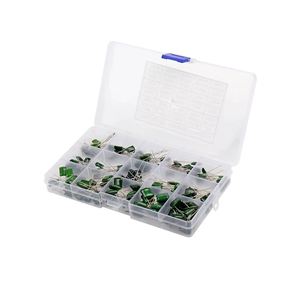 150PCS 15 Value 100V 0.33NF- 470NF Polyester Film Capacitor Assortment Kit Plastic Box